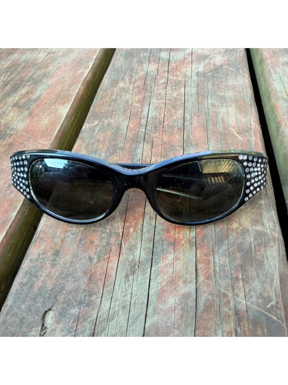 Vintage Black Rhinestone Cat Eye Sunglasses By May USA With Crystal Accents & Re